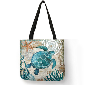 Sac à bandoulière en toile de jute pour femmes, imprimé de tortues marines colorées, sac fourre-tout en lin naturel, sac de plage en jute pour les vacances - Product Image 4