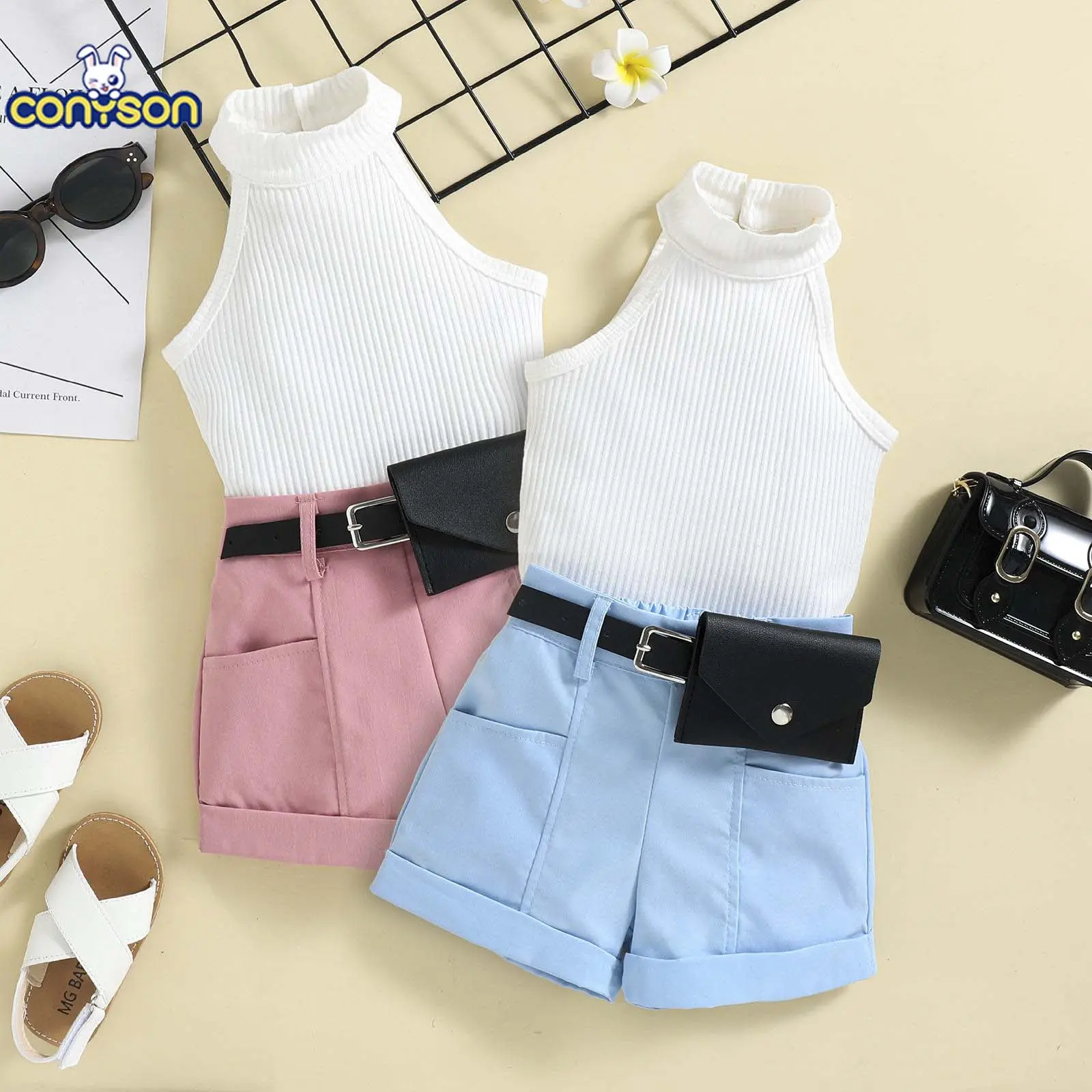 Conyson Wholesale Hot Summer Fashion Baby Girls Clothes Sets Solid Sleeveless Halter Knit Vest+Shorts With Belt Bags Casual Suit