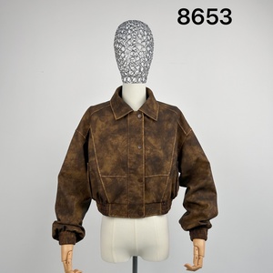 Retro <strong>Brown</strong> Women's <strong>Leather</strong> <strong>Jacket</strong> Short <strong>Brown</strong> <strong>Leather</strong> <strong>Jacket</strong> Environmentally Friendly Windproof <strong>Leather</strong> <strong>Jacket</strong> - Product Image 3