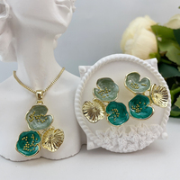 Ensemble de bijoux en émail de couleur mixte en forme de feuille de Lotus, collier et boucles d'oreilles pour femmes, accessoire de luxe de Style chinois, KY25167