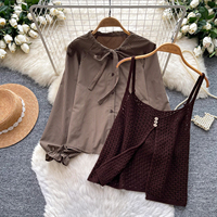 Ensemble chemise rayée à manches longues pour femme avec camisole en tricot à col noué, tenue de bureau et de trajet, deux pièces