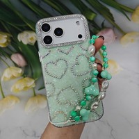 Coque de téléphone style Ins avec cordon pour iPhone 15 Pro Max 14, étui de luxe avec bracelet bijoux diamants pour iPhone 17 Pro Max