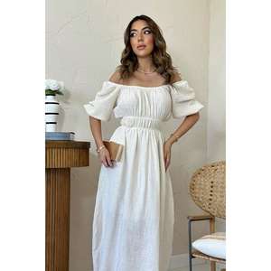 Vestido de Lino Beige con Hombros Descubiertos, Cintura Elástica, Corte Holgado, Transpirable, Ropa Casual - Product Image 4