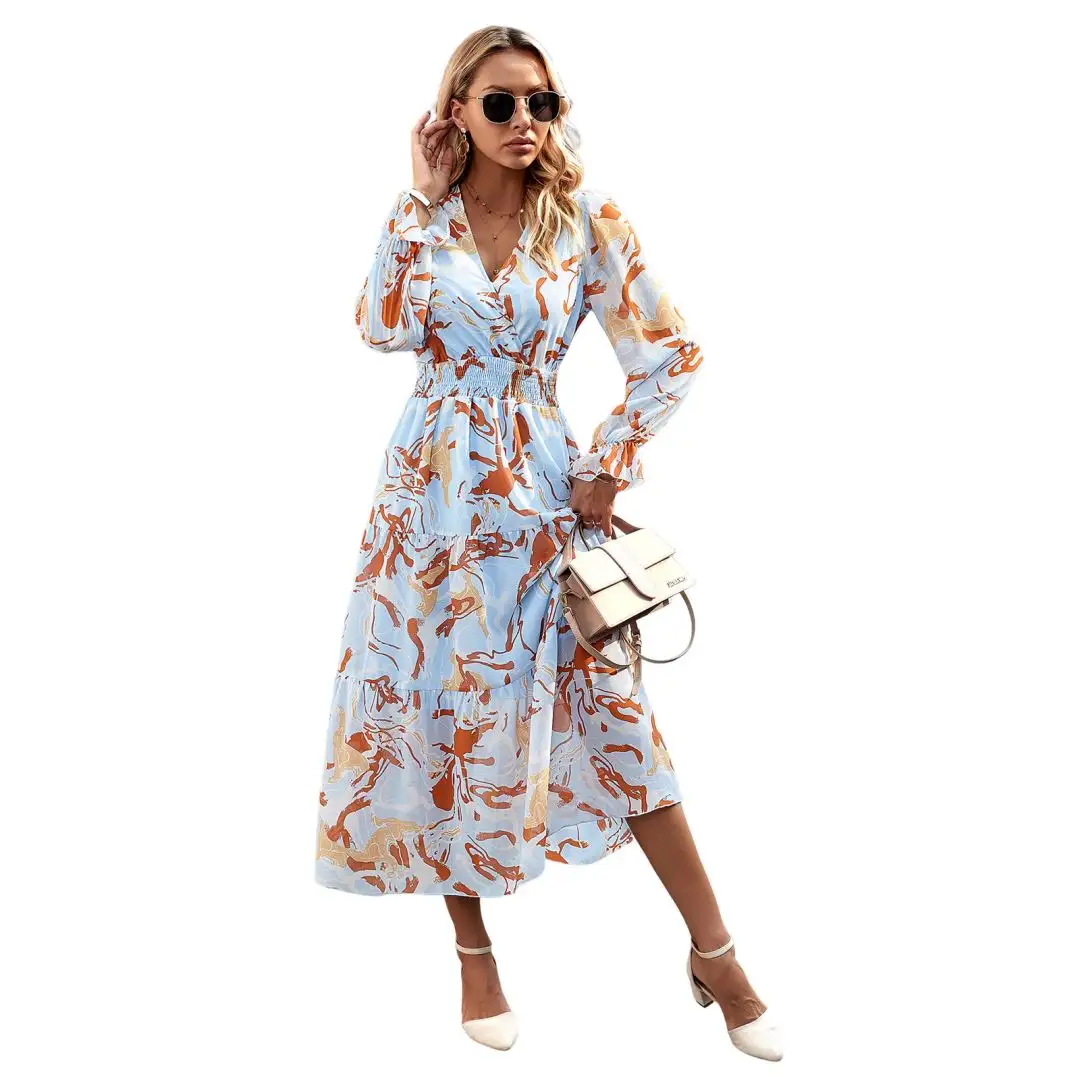 Printed V-neck dress 2023 autumn women's casual dress