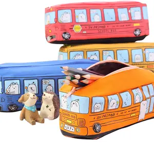 학교 학생을위한 새로운 창조적 인 대용량 버스 지퍼 캔버스 필통 만화 버스 시리즈 필통