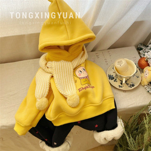 Tongxingyuan Baby Girls Yellow Hooded Sweatshirt With Scarf Star Print <b>Pants</b> Set Winter Fleece <b>Lined</b> Warm Clothing - Product Image 1