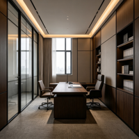Intérieur de bureau moderne avec bureaux linéaires pour équipes, îlot de réunion, espace de gestion, espace de travail en îlot et zone sociale décontractée