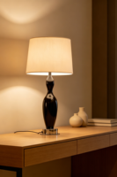 Lampe de table moderne en forme de gourde, abat-jour en tissu, base en bois brillant, alimentation CA, LED à intensité variable, température de couleur personnalisable, garantie 2 ans