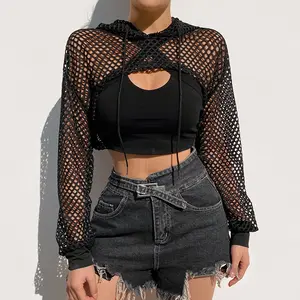 ZC00528 Woman Hollow Out Hooded Long Sleeve See Through Mesh Fish Net Crop Top Women Shirts Hoodies For Lady Sexy blouses