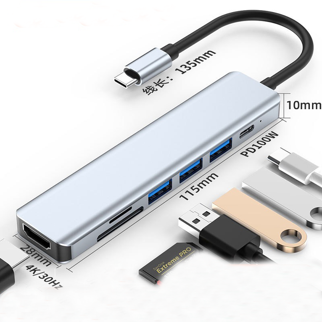 7 in 1 USB C Hub Multiport Adapter 100W PD SD/TF Card Reader+3 USB-A+USBC Docking Station for MacBook
