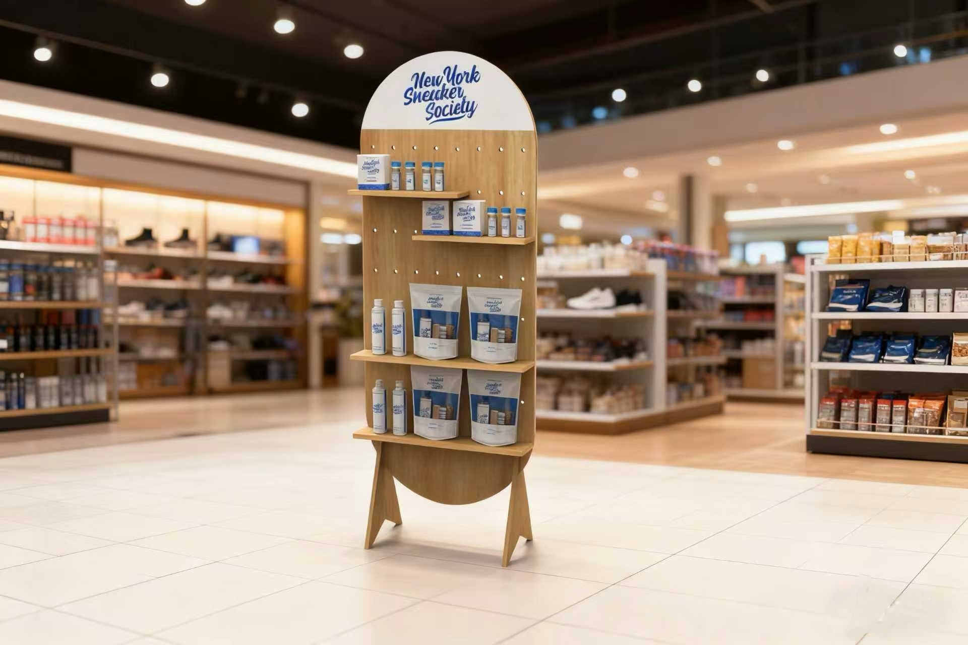 Customized Durable Wood Scratch-Proof Stable Multi-Tier Retail Display Rack for Shoe Care Mall — view 6
