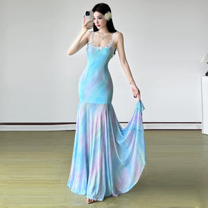 Vestido Maxi de Malla con Apliques de Encaje en Degradado Inspirado en Sirenas, con Tirantes Finos, para Mujer, Ideal para Vacaciones en la Playa o Resort - Product Image 2