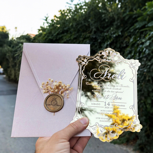 Invitaciones <span class=keywords><strong>de</strong></span> Quinceañera Personalizadas en Forma <span class=keywords><strong>de</strong></span> Corazón, Color Morado, con Espejo Dorado, Impresión Acrílica Blanca y Sobre - Product Image 4