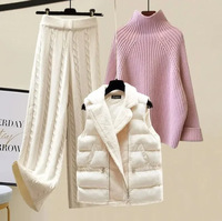 Nouvel Ensemble Trois Pièces Femme 2024 : Gilet Épais, Pull Tricoté Col Montant et Pantalon Large pour Automne Hiver