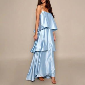 Robe longue en satin bleu clair à bretelles spaghetti, coupe trapèze à volants, élégante pour les fêtes d'été, coupe ample, couleur unie, tissu tissé - Product Image 1