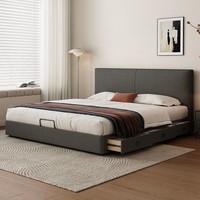 Lit Conteneur Bas Moderne Minimaliste en Chêne Massif Ultra-Fin Italien avec Cadre en Bois et Rangement en Chenille Flanelle, Lit Double Queen pour Chambre à Coucher