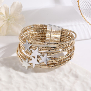 Wholesale Women's Multi Layer <b>Leather</b> <b>Bracelet</b> Gold Star Charm Magnetic Closure Fashion Jewelry - Product Image 1