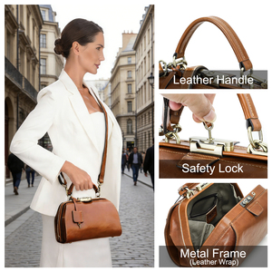 กระเป๋าถือหนังแท้กันขโมยสำหรับผู้หญิง รุ่นวินเทจทรงหมอ พร้อมจี้หนังตกแต่ง กระเป๋าทรงแข็งคุณภาพสูง - Product Image 6