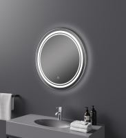 Miroir LED rond sans cadre à éclairage par défilement d'eau avec contrôle tactile anti-buée, miroir rond moderne pour salle de bain d'hôtel