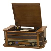 Tocadiscos Multifuncional de Madera Oscura con Altavoces Integrados, Reproductor de Vinilos con Reproducción de Casete, CD, USB, SD, Radio AM/FM