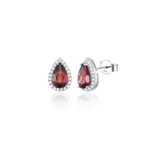 Custom Quality 925 Sterling Silver Fashion Jewelry Genuine Garnet Zirconia Earrings Natural Gemstone Stud Earrings for Women