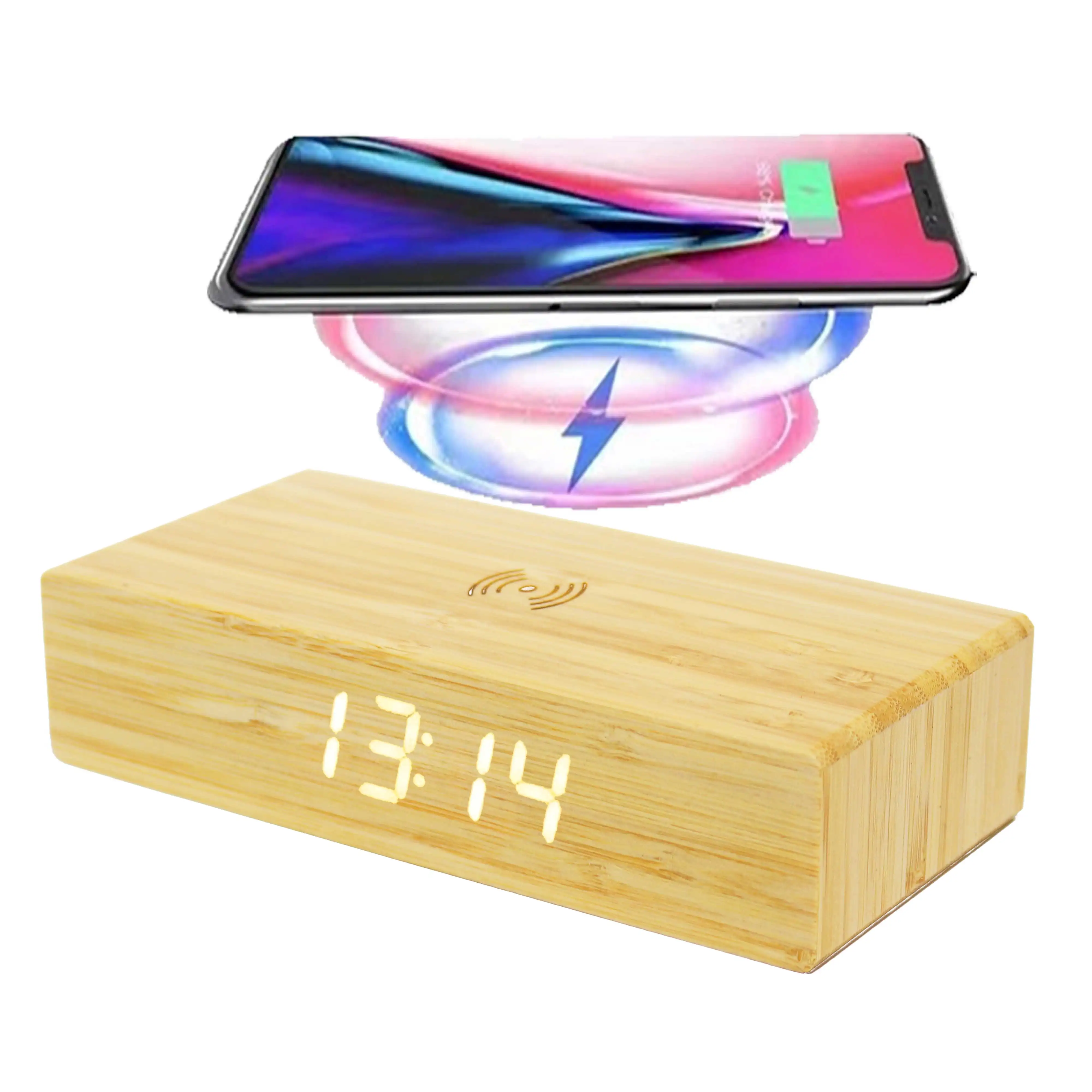 Custom LOGO OEM desktop table display alarm digital wooden bamboo wireless charger led clock