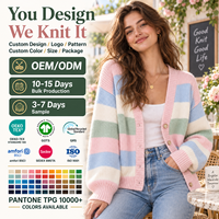 Cardigan rayé personnalisé pour femme, col en V, color block, surdimensionné, boutonné, tricoté, décontracté, OEM ODM, faible MOQ