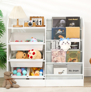 Estantería de Madera <span class=keywords><strong>Blanca</strong></span> para Niños, Organizador de Juguetes con 4 Contenedores de Plástico Extraíbles, Librería <span class=keywords><strong>Infantil</strong></span> para Bebés y Niños Pequeños - Product Image 4