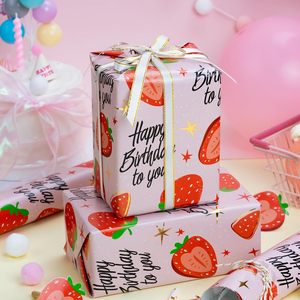 <b>Pink</b> Strawberry Birthday Wrapping Paper Roll 47.23 Square Feet Double Side Recyclable Gift <b>Wrap</b> for Birthday Craft - Product Image 3