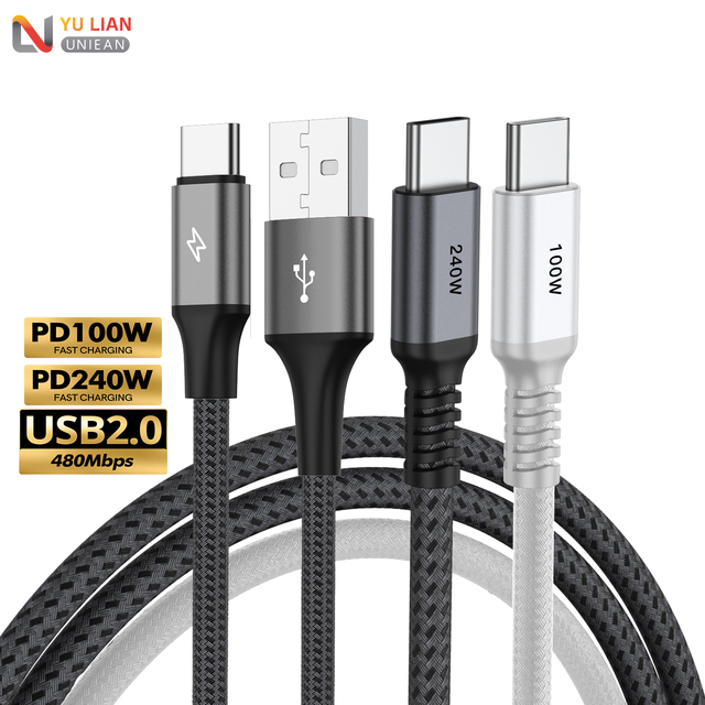 UNIEAN USB3.2 Gen2 Type-C Aluminum Alloy Braided Nylon/PVC Jacket 240W/100W Fast Charging Data Cable for iPhone