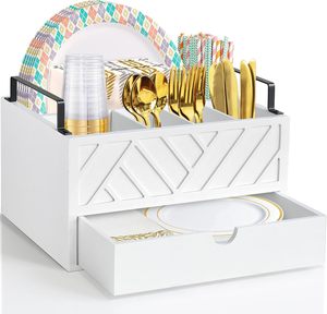 Customized Standing Type <b>Kitchen</b> Counter Rack Double Tiers Wooden Tableware <b>Storage</b> Box <b>for</b> Fork and Paper Tray - Product Image 1