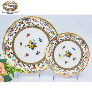 4pcs Karosa 4pcs Bone China Porcelain Royal Embossed Shiny Gold Rim Beautiful Flower Pattern Plates Dinnerware Dinner Sets