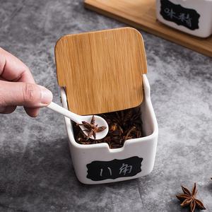 Ceramic Kitchen Seasoning Pot with Wooden Lid Condiment Storage for Salt Pepper Spice Sugar Jar - Product Image 2