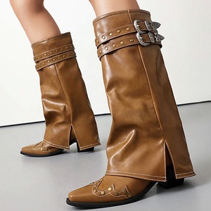 Big Size 48 Women Belt Buckles Winter Knee High Boots Cowboy Overlay Long <b>Booties</b> Western Style Chunky Heels Pointed Toe Pants - Product Image 6