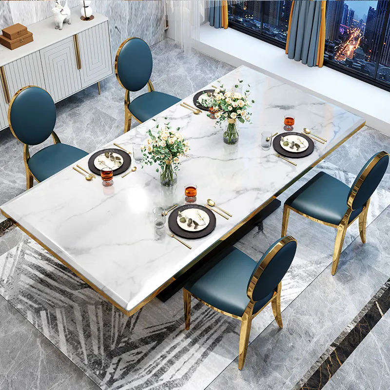 China Fabrikant Luxe Eettafel Voor 6 8 Stoel Marmeren Top Eettafel Stoelen Set In Eetkamer Gerecycled Grenen