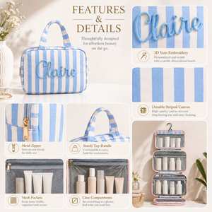 Hanging Travel Toiletry <b>Bag</b> for Women, Personalized Striped <b>Wash</b> <b>Bag</b> with Name, Multi <b>Compartment</b> Makeup Organizer with Hook - Product Image 6