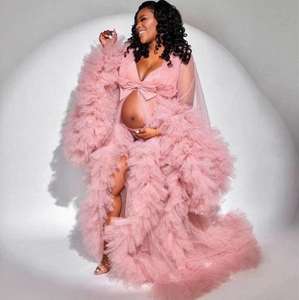 Robe de soirée longue en maille fine antistatique à col en V et manches longues pour femmes enceintes - Product Image 3