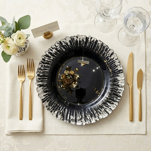 Assiette de présentation de luxe 13 pouces en <span class=keywords><strong>verre</strong></span> <span class=keywords><strong>noir</strong></span> et argent texturé, ronde, pour dîner, sous-assiette décorative en gros pour mariage et décoration de <span class=keywords><strong>table</strong></span> - Product Image 1