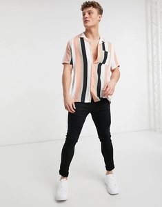 Stylish Short Sleeve Mens Clothing Summer Casual Top <strong>Revere</strong> <strong>Collar</strong> Stripe Men's <strong>Shirts</strong> in Peach - Product Image 2