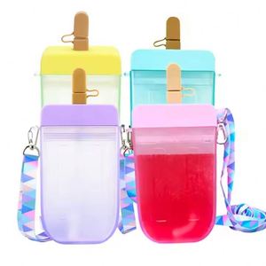 Bouteille d'eau créative en forme de bâtonnet de glace de 300 ml, multicolore, avec paille et corde, logo personnalisable, vente en gros - Product Image 1