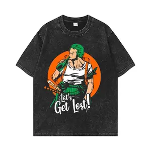 Özel 240g gömlek anime tek parça grafik Vintage Tee gömlek Anime pamuk damla omuz Streetwear yıkanmış erkekler T shirt