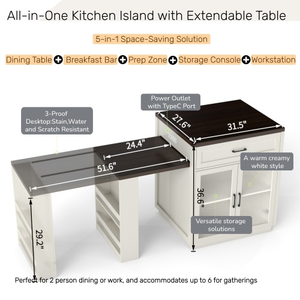 Tavolo da Pranzo Estensibile 83.1'' con Ripiani Scorrevoli <span class=keywords><strong>e</strong></span> Scaffali Portaoggetti per <span class=keywords><strong>2</strong></span>-6 Persone, Isola da Cucina con Porte in Vetro Temperato - Product Image 2