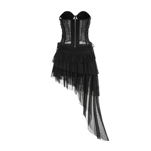 Elegante Abito da Sera Asimmetrico per Donna, Sexy Top in Rete <span class=keywords><strong>Nera</strong></span> e Gonna in <span class=keywords><strong>Tulle</strong></span> Asimmetrica, Set Due Pezzi - Product Image 4