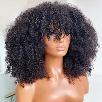 Peluca rizada Afro mongol para mujeres negras, cabello humano Natural hecho a máquina con flequillo, peluca brasileña con flecos, venta al por mayor