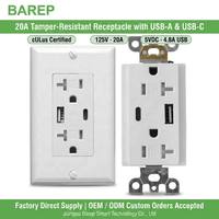 Pengisi Daya USB 4.8 Amp Bersertifikasi UL, Stopkontak Dinding USB Tipe C Anti-Curi 125V 20A Standar Amerika, Soket USB Standar AS