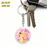 Porte-clés en acrylique avec un chien mignon écoutant de la musique, design notes de musique roses, pendentif rond transparent pour clés, sacs, sacs à dos, cadeau