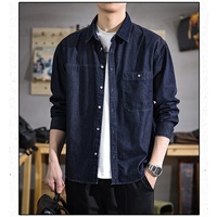 Kemeja Kasual Rajut Bernapas Grosir, Pakaian Streetwear Lengan Panjang Musim Semi Gugur, Saku Dada Kancing, Denim Pria