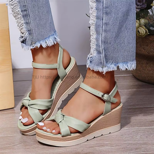 Wholesale Summer Women's High-Heeled New Cross-Border Straight Strap Thick Soled <b>Height</b> <b>Increasing</b> Wedge Sandals - Product Image 3