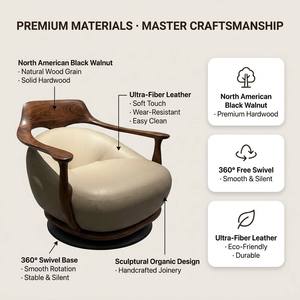 Modern New Solid Wood Swivel Accent Chair Black Leather Upholstered Leisure Armchair <b>Gold</b> Metal Base Hotel Use - Product Image 3
