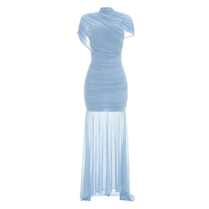 Robe longue plissée Viviblook D26DS113 pour femme, nouvelle collection, couleur unie, maille transparente, manches courtes, idéale pour les fêtes et anniversaires - Product Image 6